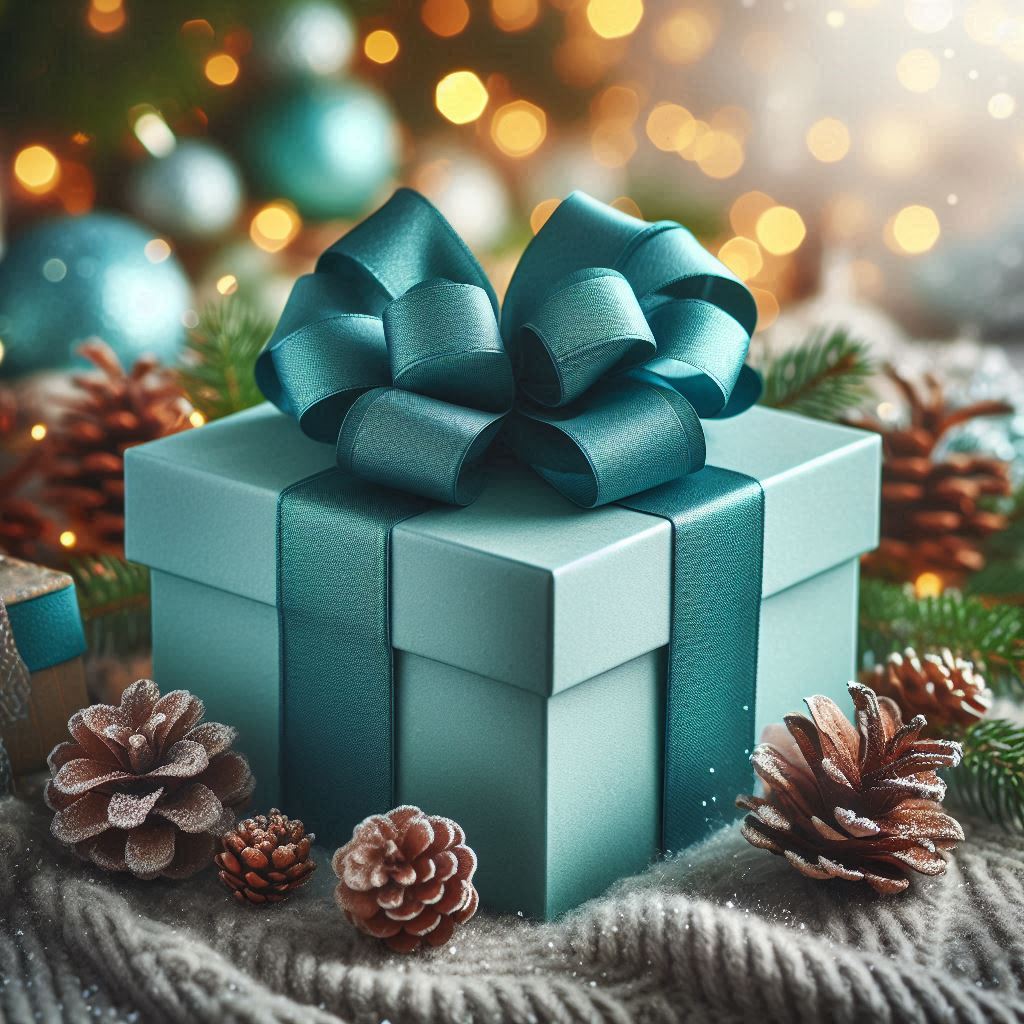 Teal gift box with a bow on fluffy white surface Teal gift box with a bow on fluffy white surface