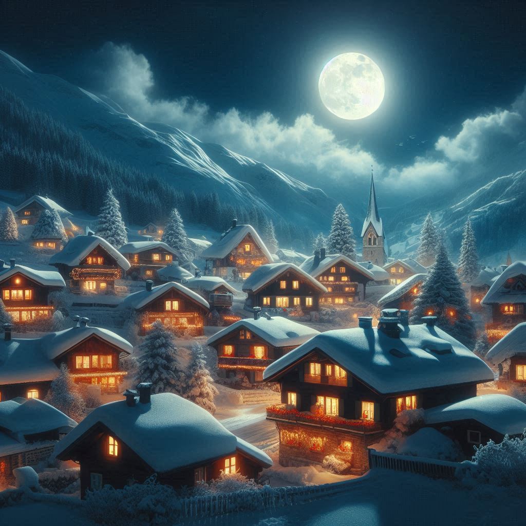 Snowy village in mountains shines under the moon Snowy village in mountains shines under the moon