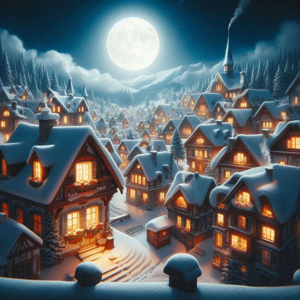 A snowy village glows under the full moon A snowy village glows under the full moon