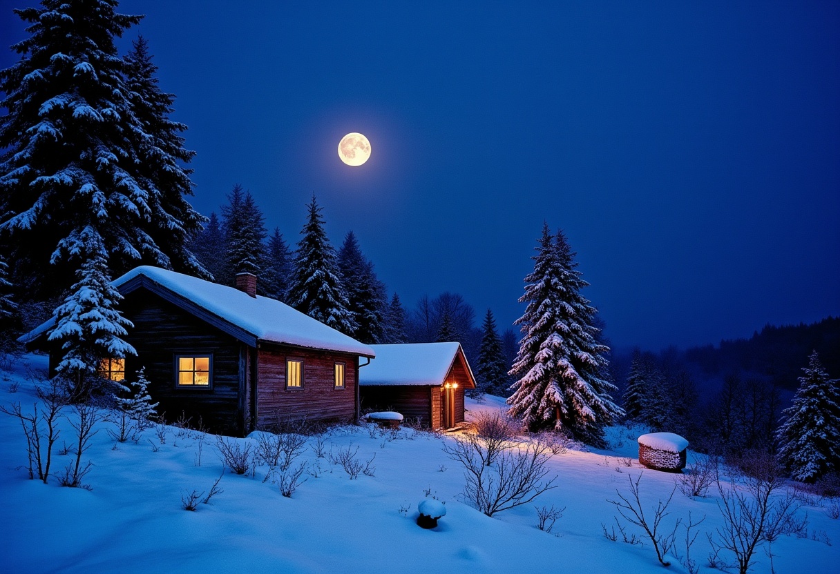 Two cabins glow under a full moon in a snowy forest Two cabins glow under a full moon in a snowy forest