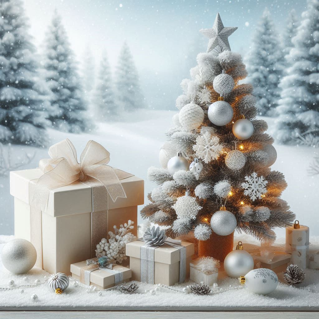 A snowy christmas tree with white ornaments and gifts A snowy christmas tree with white ornaments and gifts