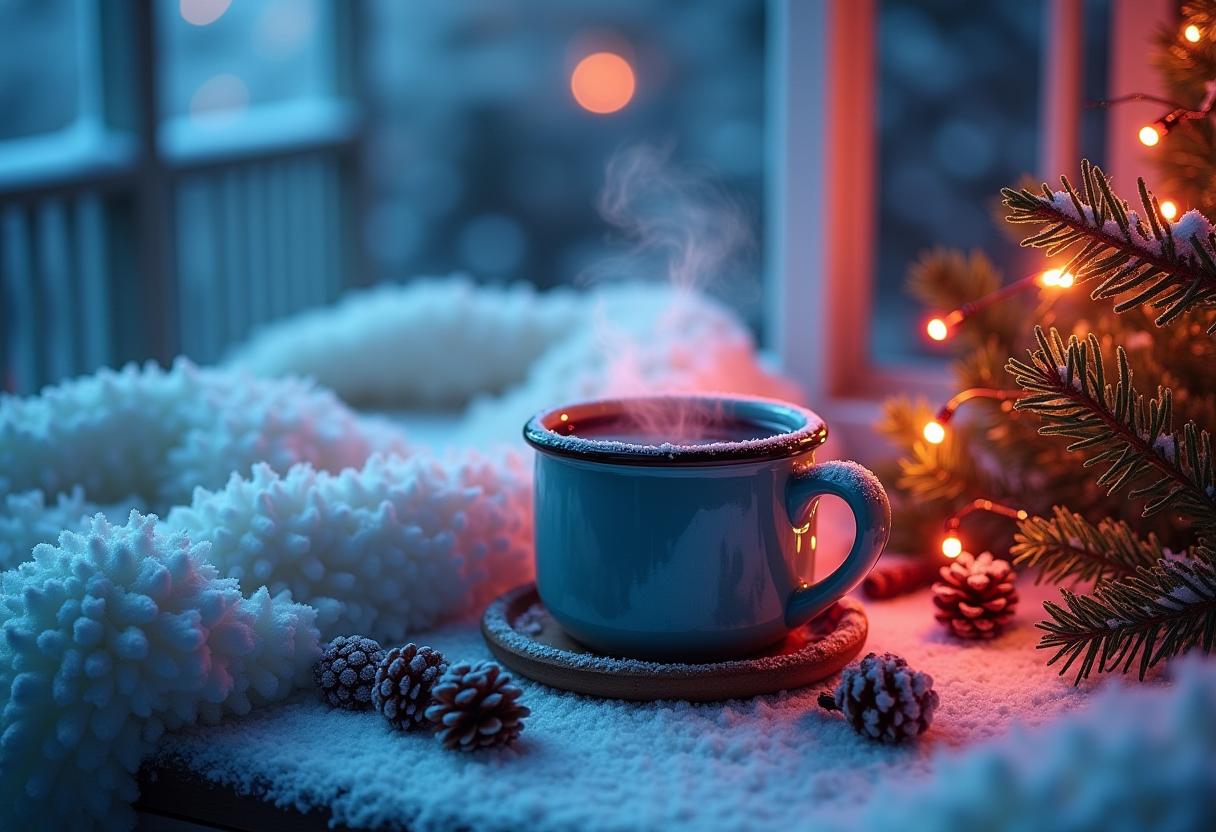 A steaming cup of coffee sits on a snowy windowsill A steaming cup of coffee sits on a snowy windowsill