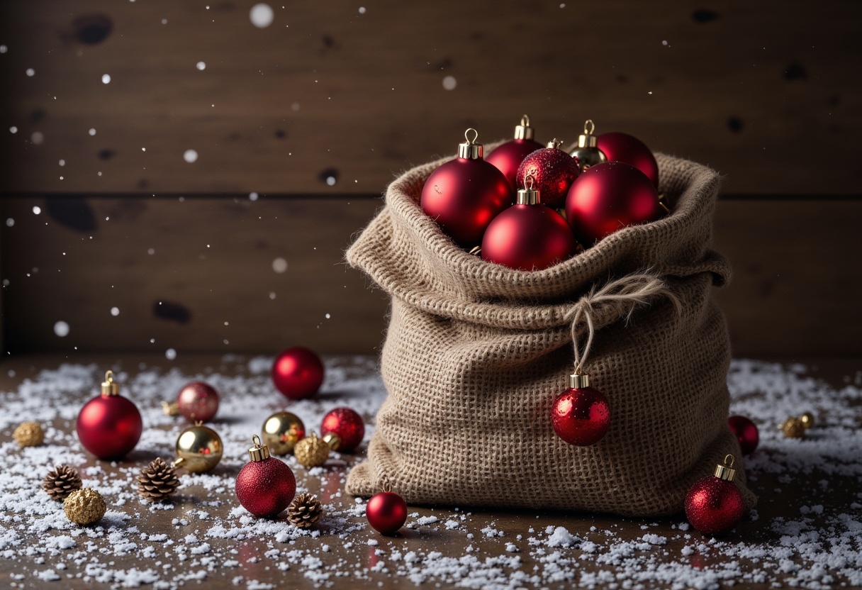 Red ornaments in a burlap sack on a snowy table Red ornaments in a burlap sack on a snowy table