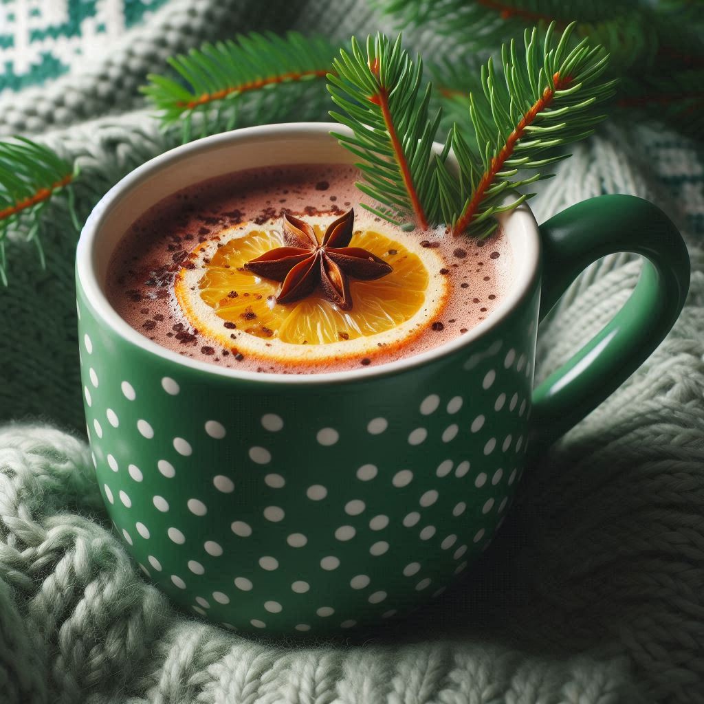 Green mug of hot chocolate with orange and star anise Green mug of hot chocolate with orange and star anise