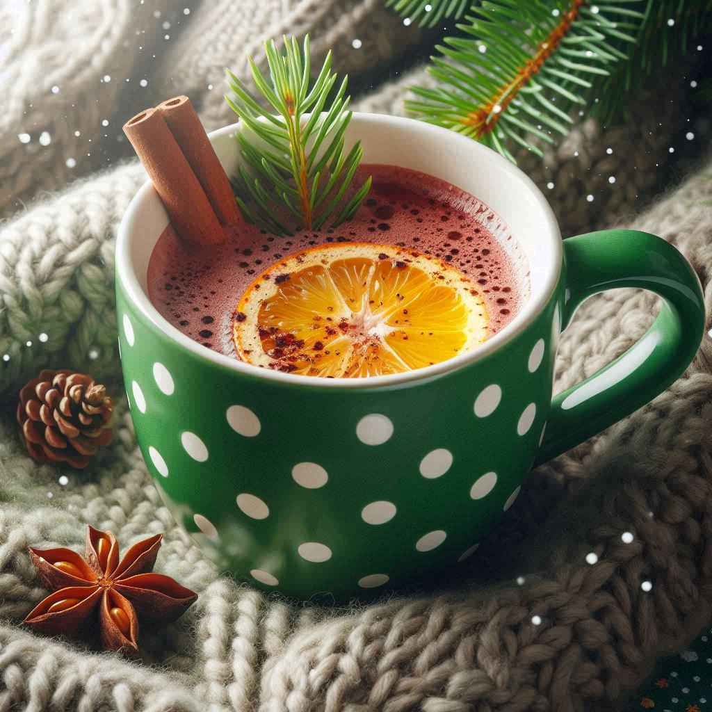 Green mug of cocoa with orange and cinnamon Green mug of cocoa with orange and cinnamon