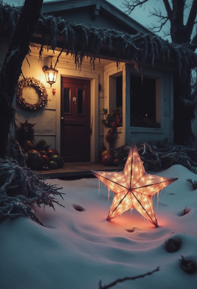 A star shines in the snow by a cozy house A star shines in the snow by a cozy house