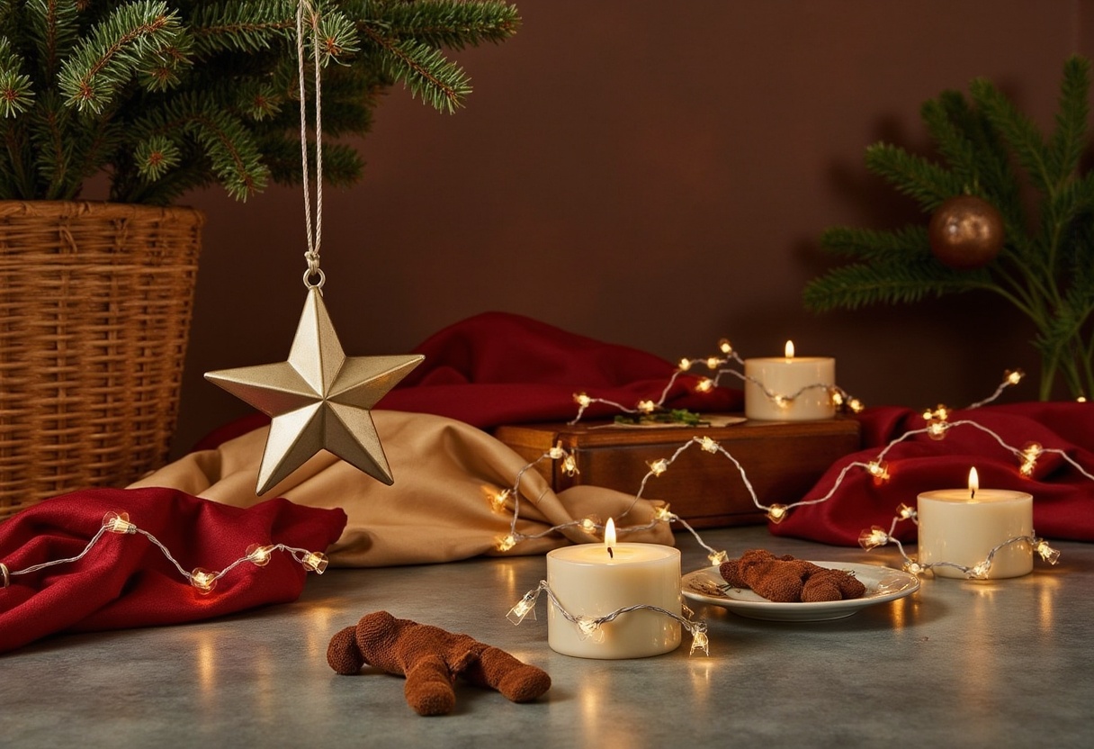 A gold star ornament hangs from a branch of a christmas tree