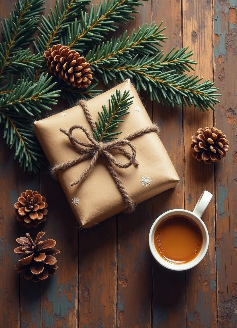 A gift on a table with pine and coffee A gift on a table with pine and coffee