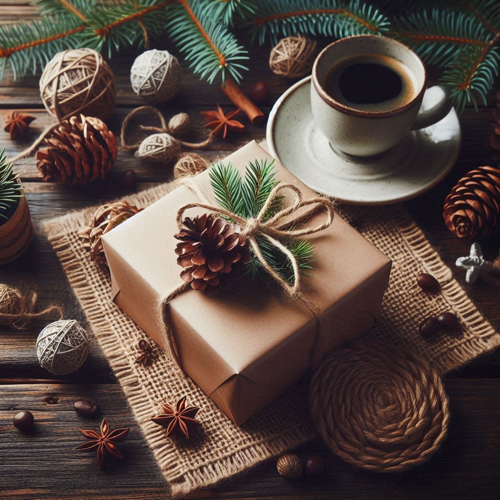 Rustic gift with twine, pine sprig, by coffee Rustic gift with twine, pine sprig, by coffee