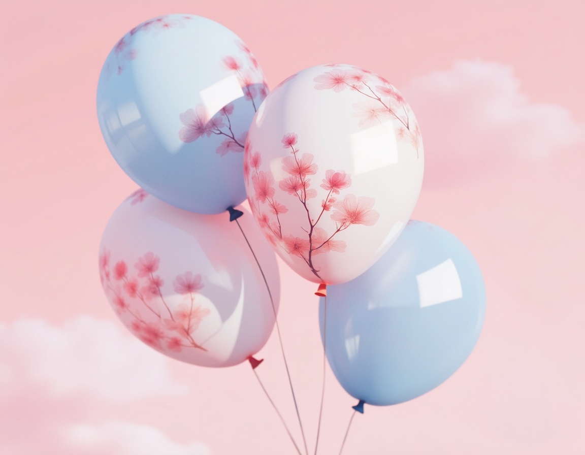 Four cherry blossom balloons on a pink backdrop Four cherry blossom balloons on a pink backdrop