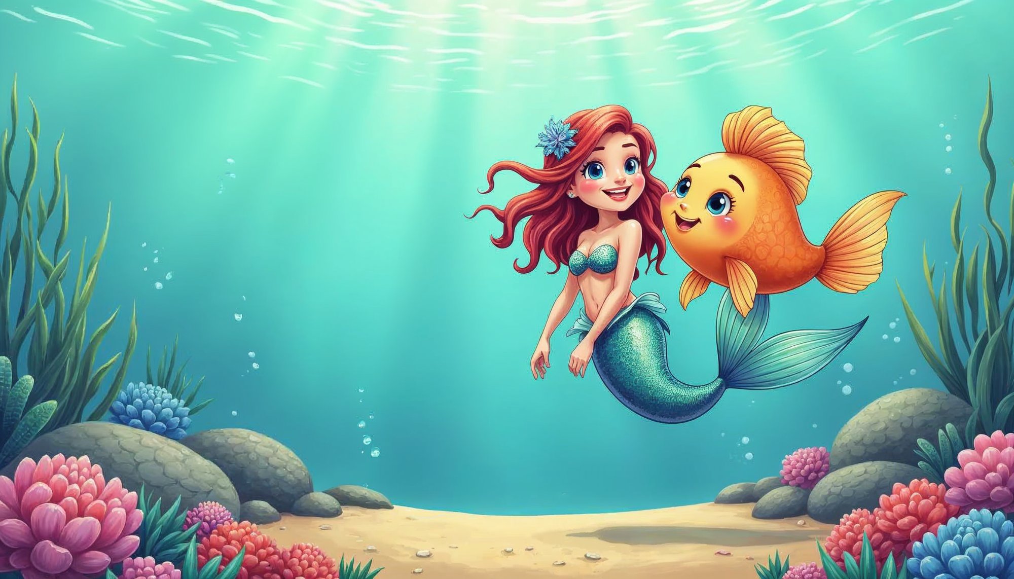 Red-haired mermaid with goldfish underwater Red-haired mermaid with goldfish underwater