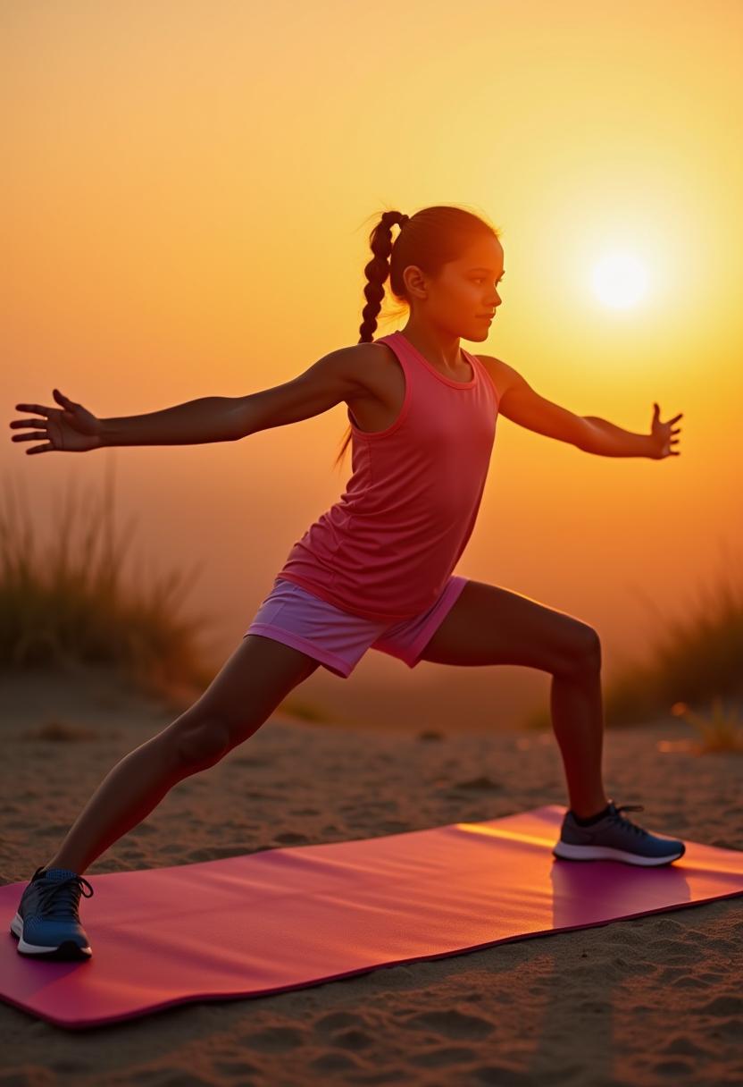 Girl practices yoga at sunset on beach Girl practices yoga at sunset on beach