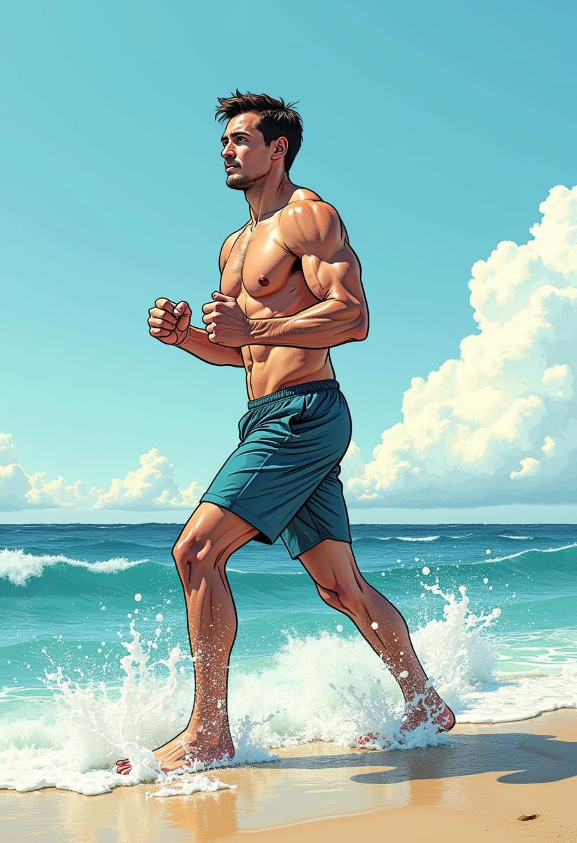 Man jogging along a sunny beach by the sea Man jogging along a sunny beach by the sea