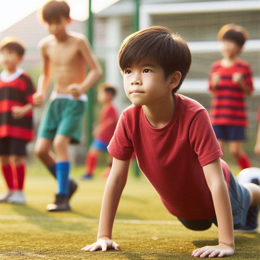 Young boy practicing push-ups on a field with friends Young boy practicing push-ups on a field with friends