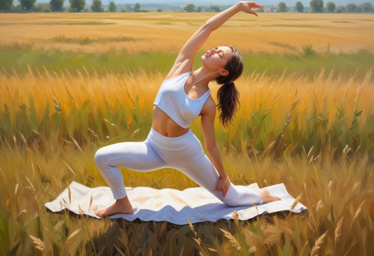 Woman practicing yoga in golden field during daylight Woman practicing yoga in golden field during daylight
