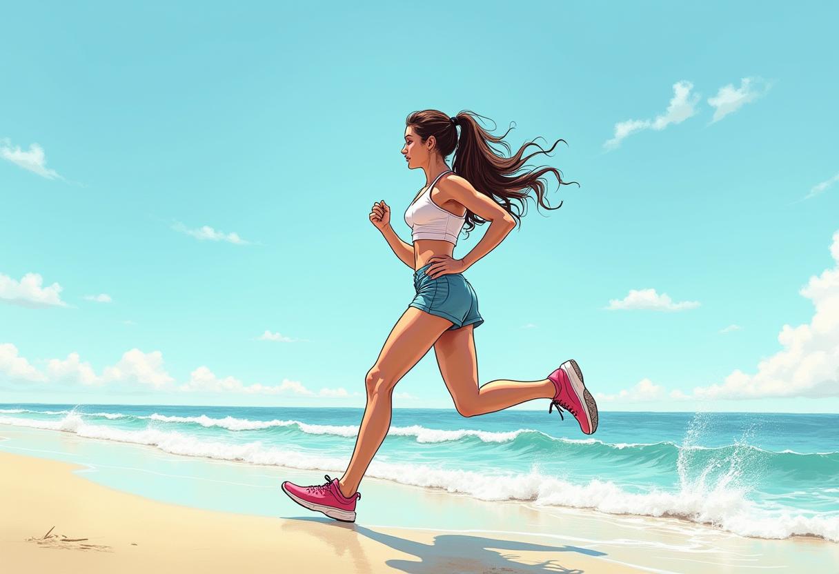 Woman jogging along a sunny beach shore Woman jogging along a sunny beach shore