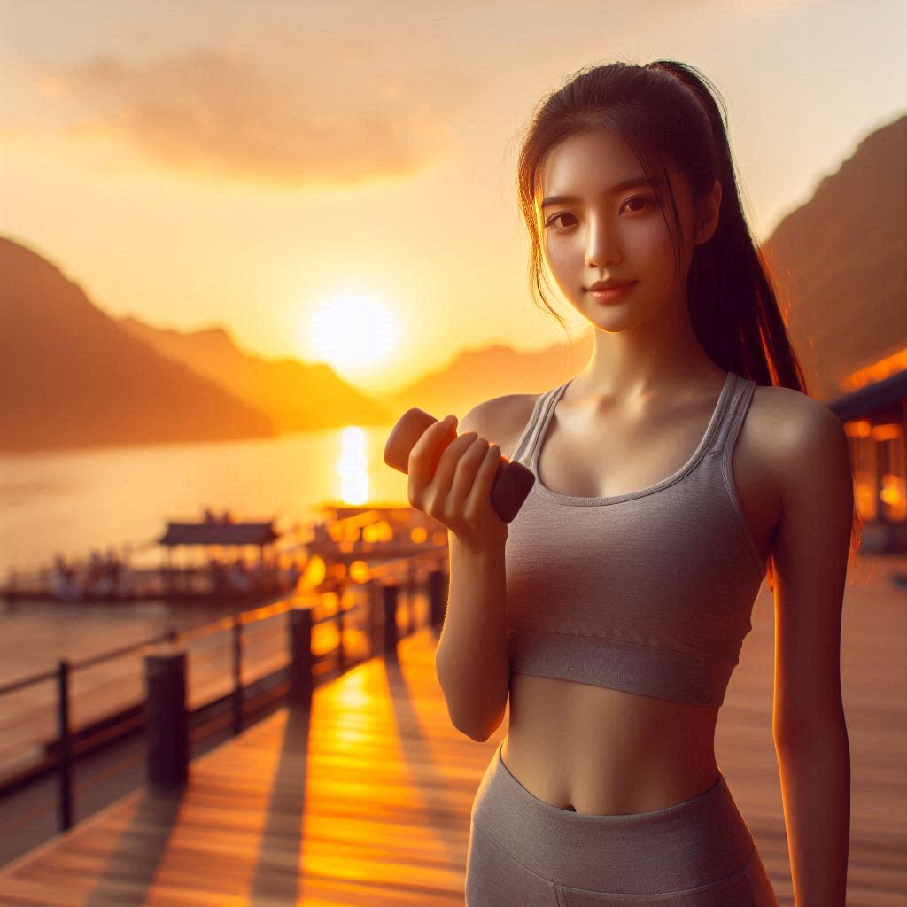 Woman exercising at sunset by the water Woman exercising at sunset by the water