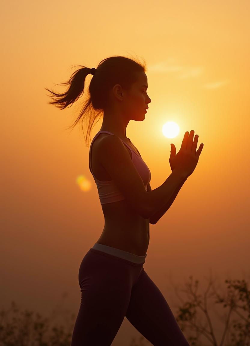 Woman practicing yoga at sunset in serene landscape Woman practicing yoga at sunset in serene landscape
