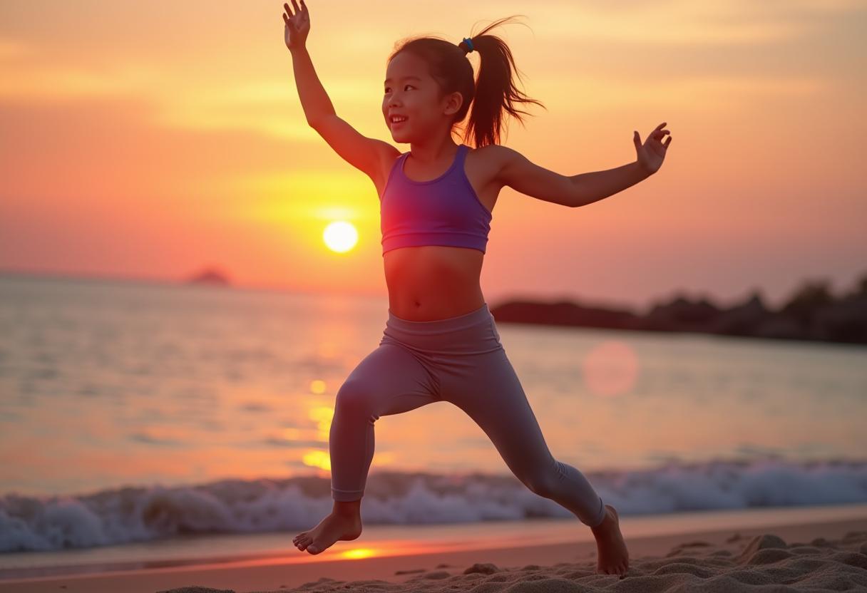 Child running joyfully on the beach at sunset Child running joyfully on the beach at sunset