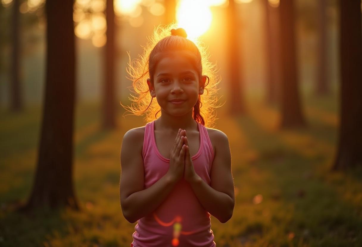 Girl praying namaste in sunset forest Girl praying namaste in sunset forest