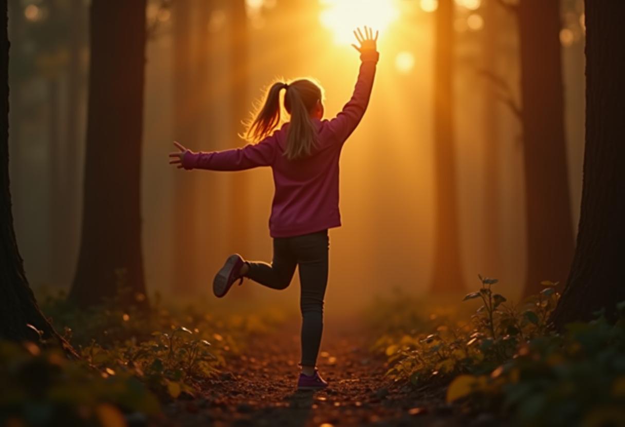 Girl joyfully running through forest at sunset Girl joyfully running through forest at sunset