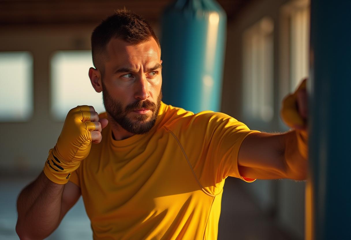 Boxer training intensely at a gym during golden hour Boxer training intensely at a gym during golden hour