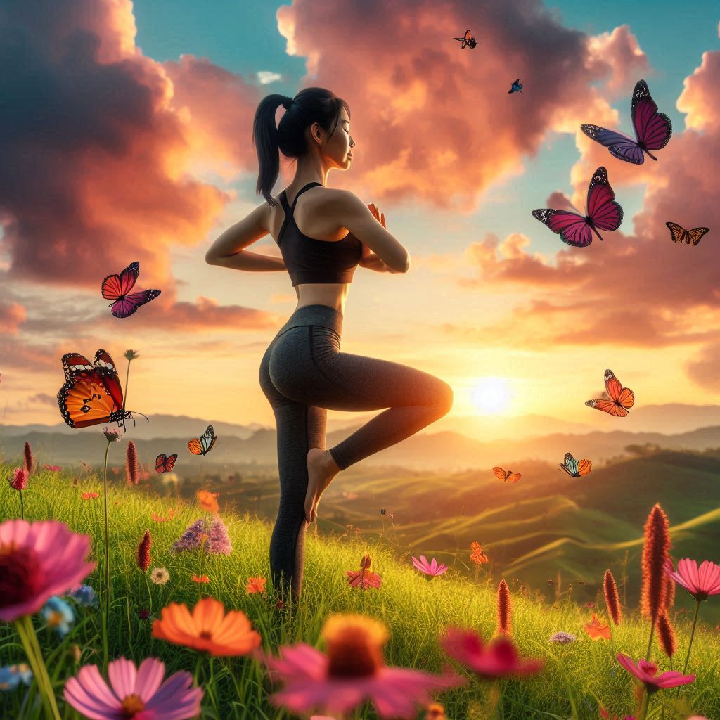 Yoga practice at sunset among flowers and butterflies Yoga practice at sunset among flowers and butterflies