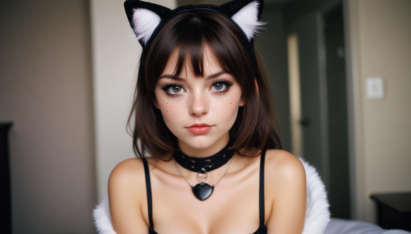 Young woman dressed in a cat costume at home Young woman dressed in a cat costume at home