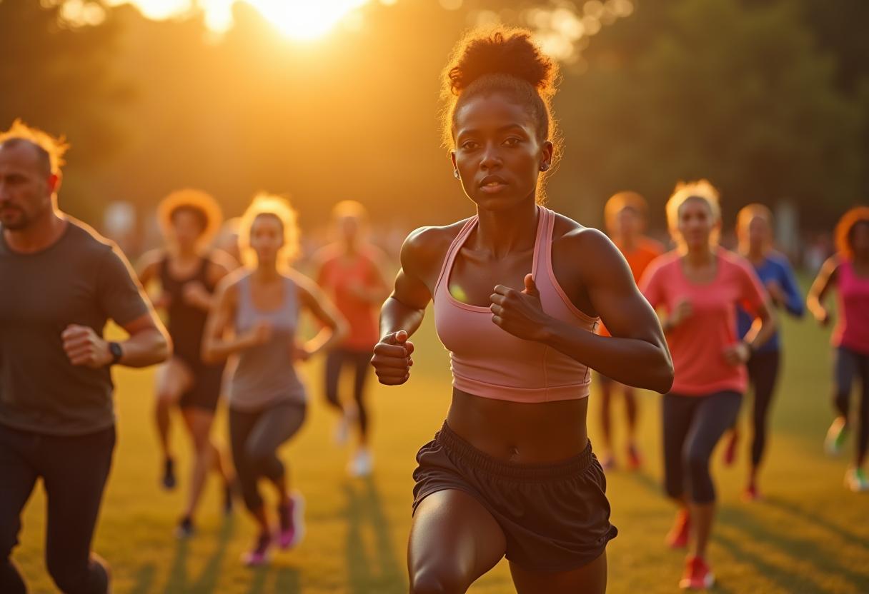 Group runs at sunset in outdoor fitness event Group runs at sunset in outdoor fitness event