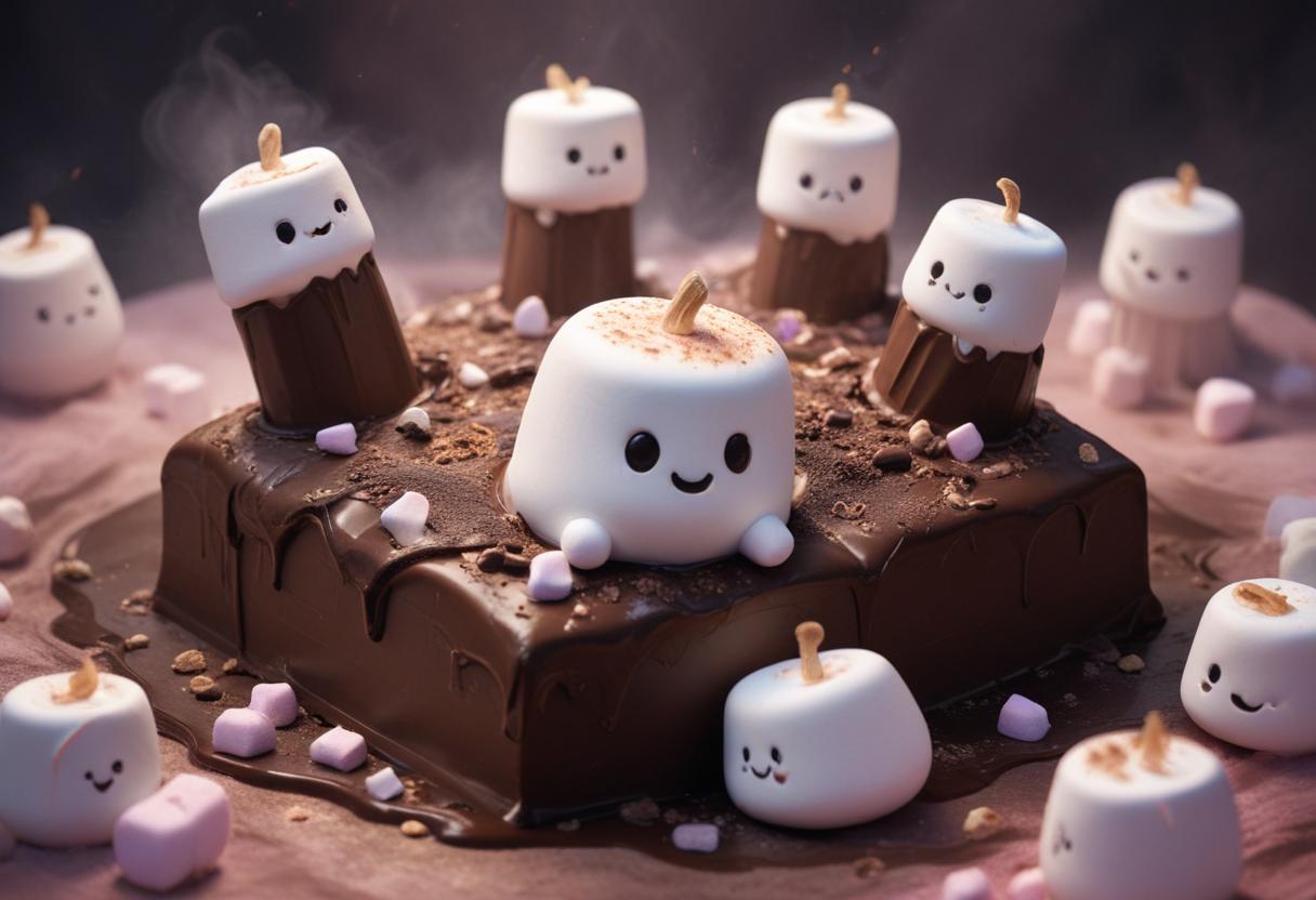 Cute marshmallow characters celebrate on chocolate cake Cute marshmallow characters celebrate on chocolate cake