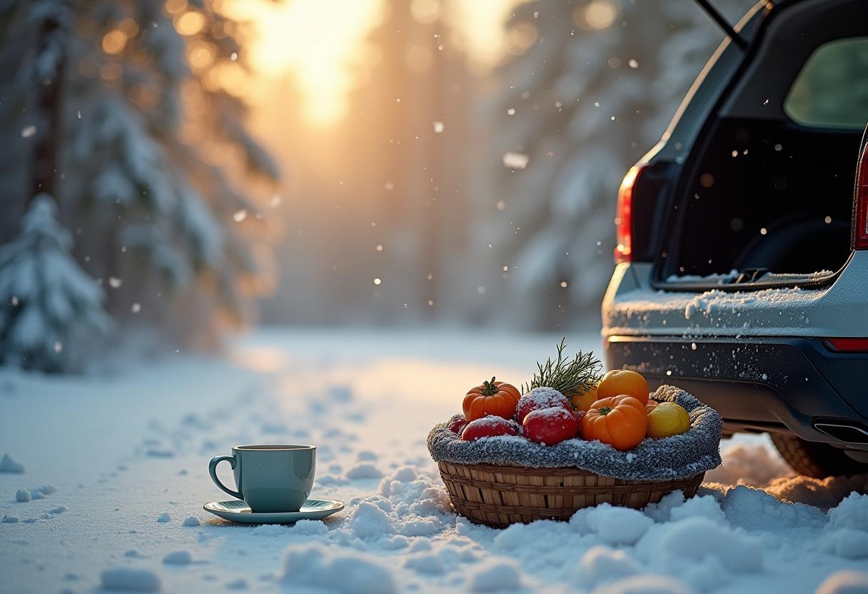Enjoying a winter picnic with fresh fruits and coffee Enjoying a winter picnic with fresh fruits and coffee