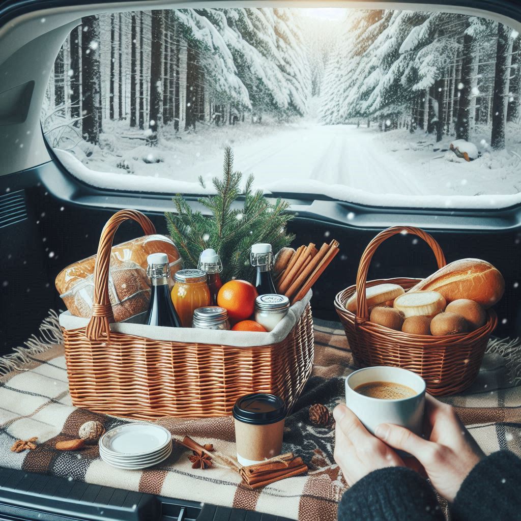 Cozy winter picnic in a snowy forest setting Cozy winter picnic in a snowy forest setting