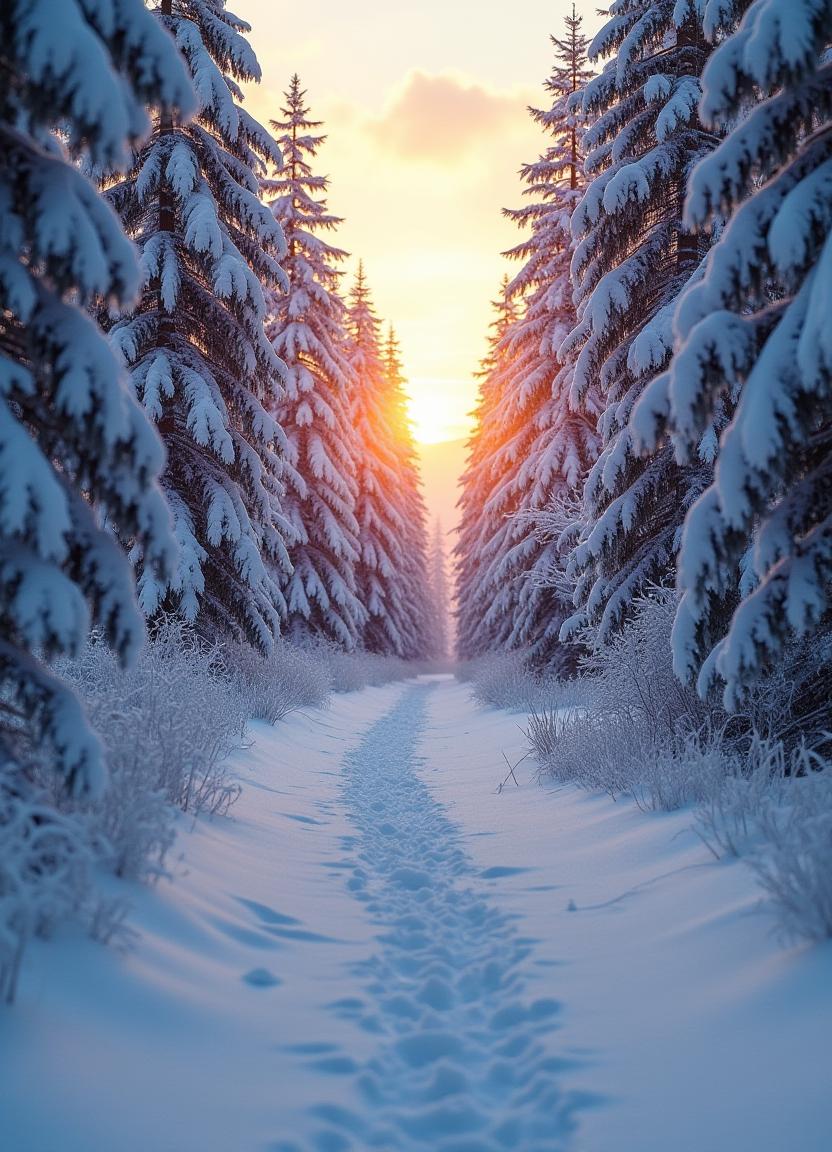 Calm winter pathway through snow-covered trees at sunset Calm winter pathway through snow-covered trees at sunset