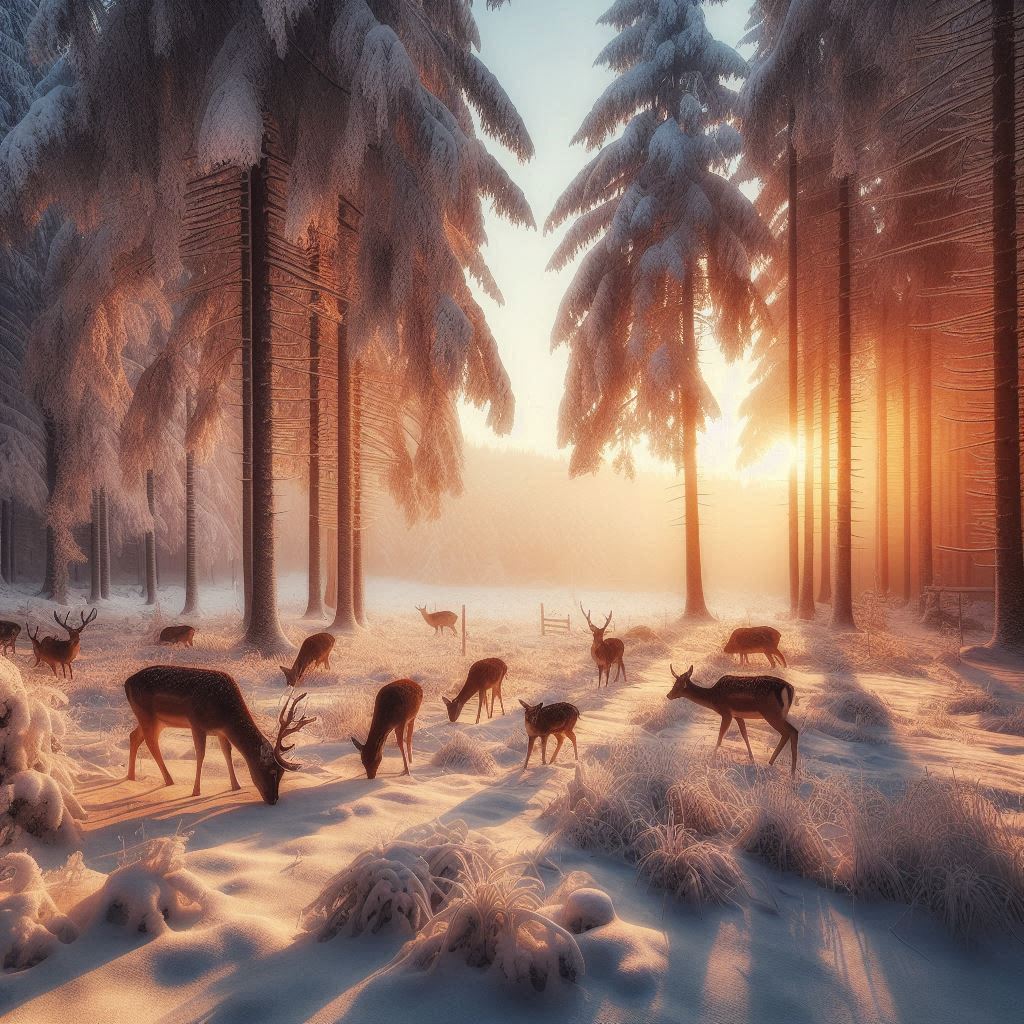 Winter sunrise with deer in a snowy forest landscape Winter sunrise with deer in a snowy forest landscape