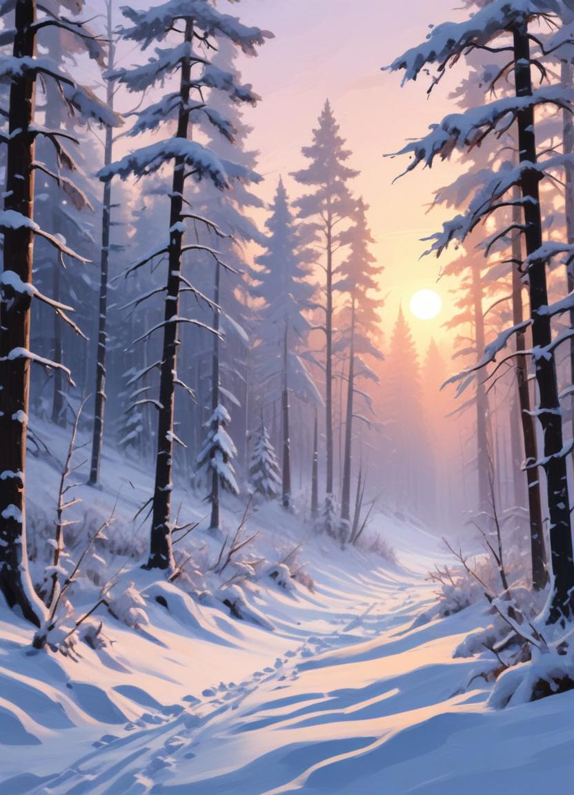Winter sunrise over a snowy forest trail in serene nature Winter sunrise over a snowy forest trail in serene nature