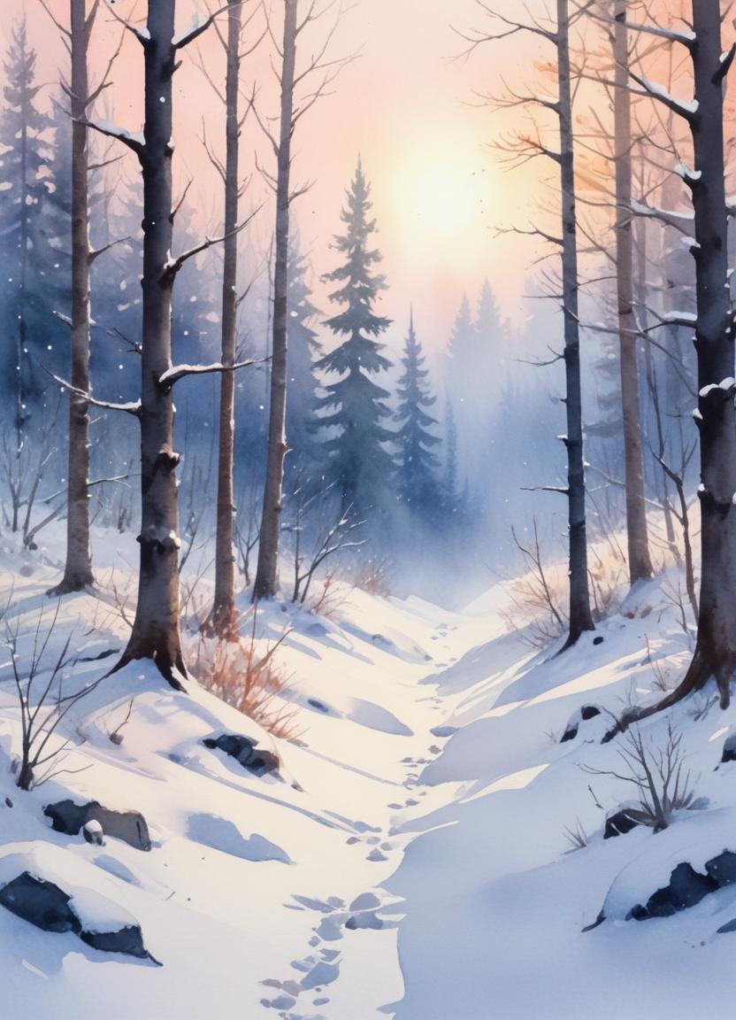 Winter forest path with soft sunlight and snow Winter forest path with soft sunlight and snow