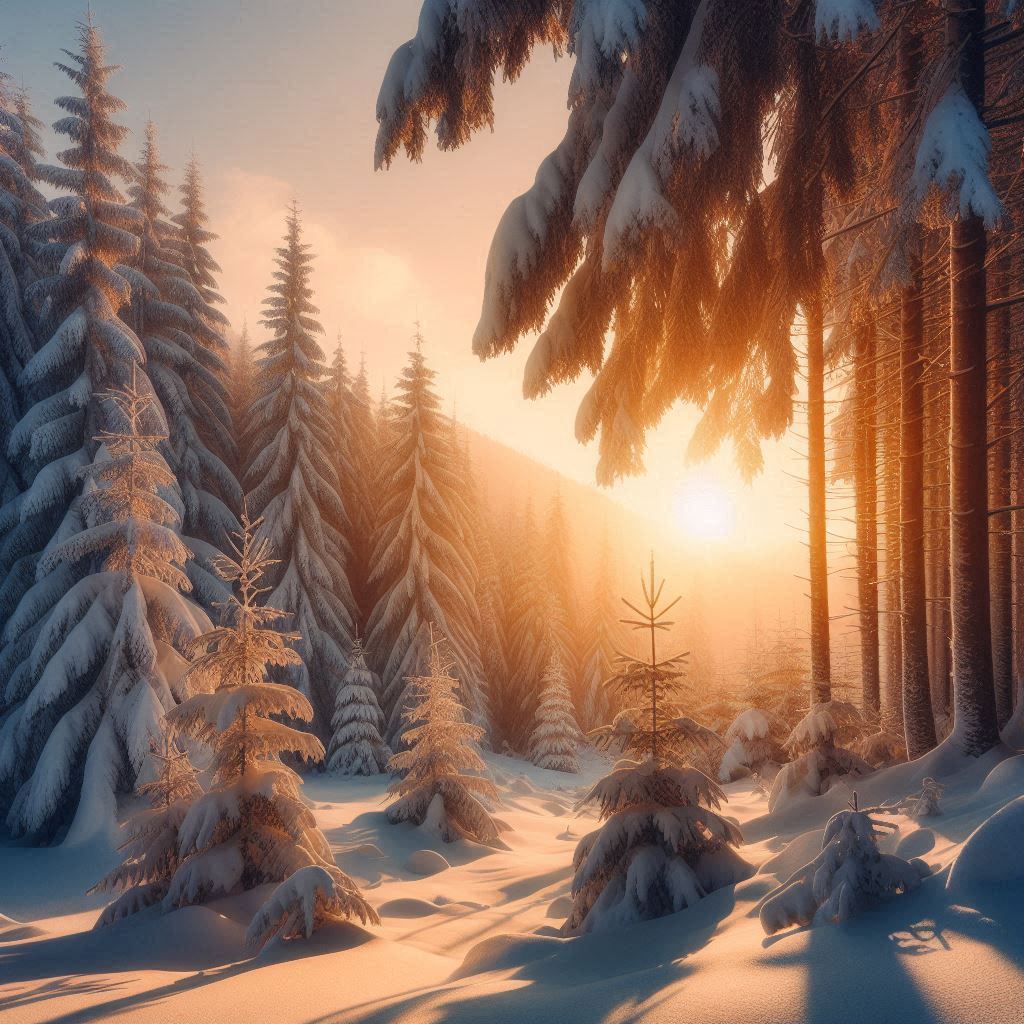 Winter sunrise over a snowy forest landscape Winter sunrise over a snowy forest landscape