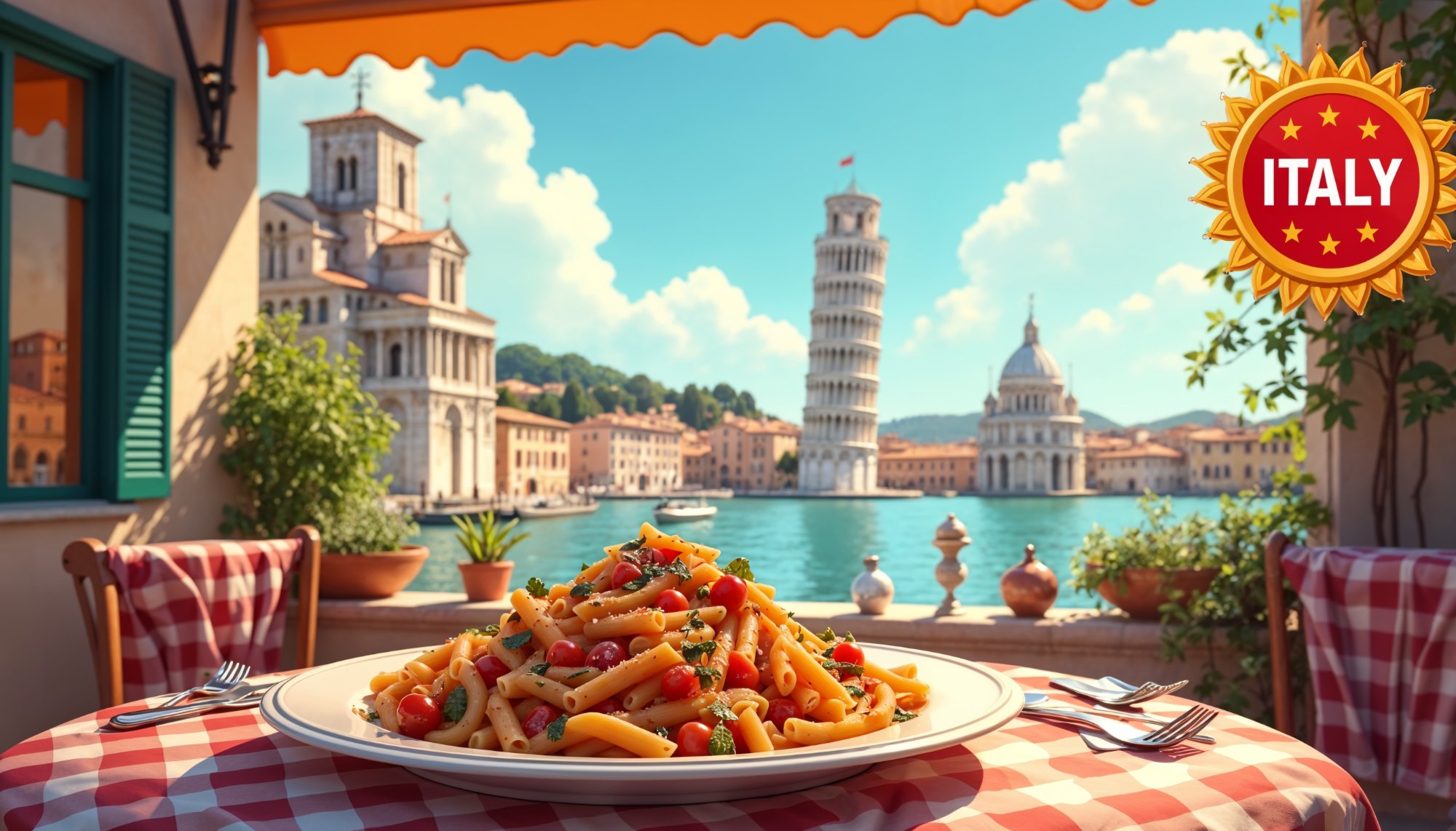 Pasta dish served with a view of italian landmarks Pasta dish served with a view of italian landmarks