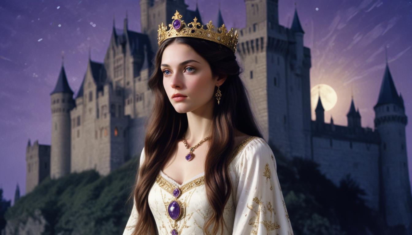 Majestic queen standing before a fairytale castle at dusk Majestic queen standing before a fairytale castle at dusk