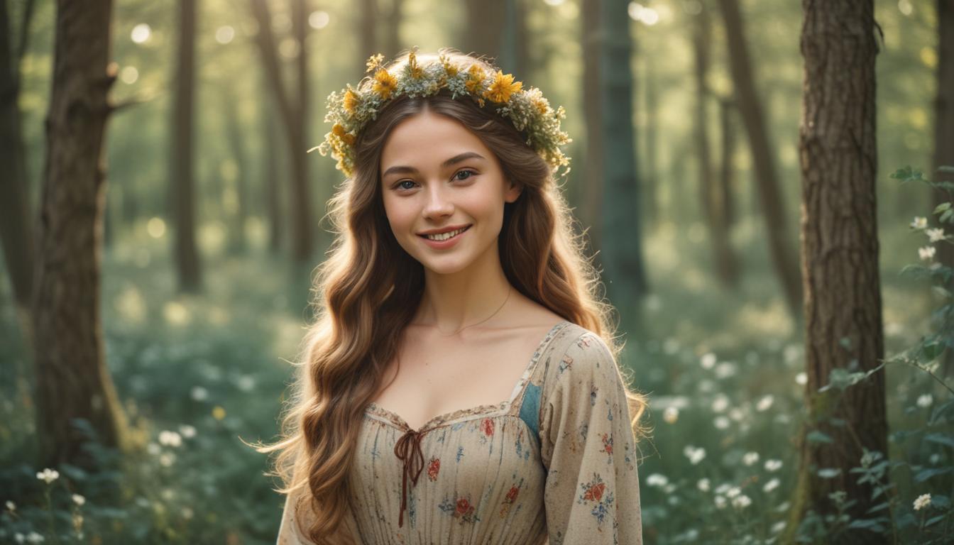 Young woman wearing flower crown in serene forest setting Young woman wearing flower crown in serene forest setting