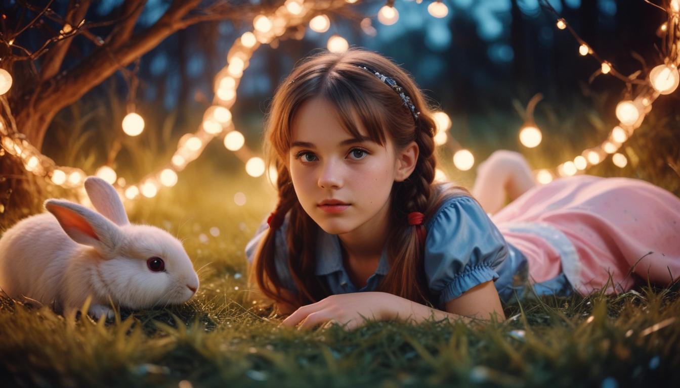 Girl and rabbit surrounded by fairy lights in evening Girl and rabbit surrounded by fairy lights in evening