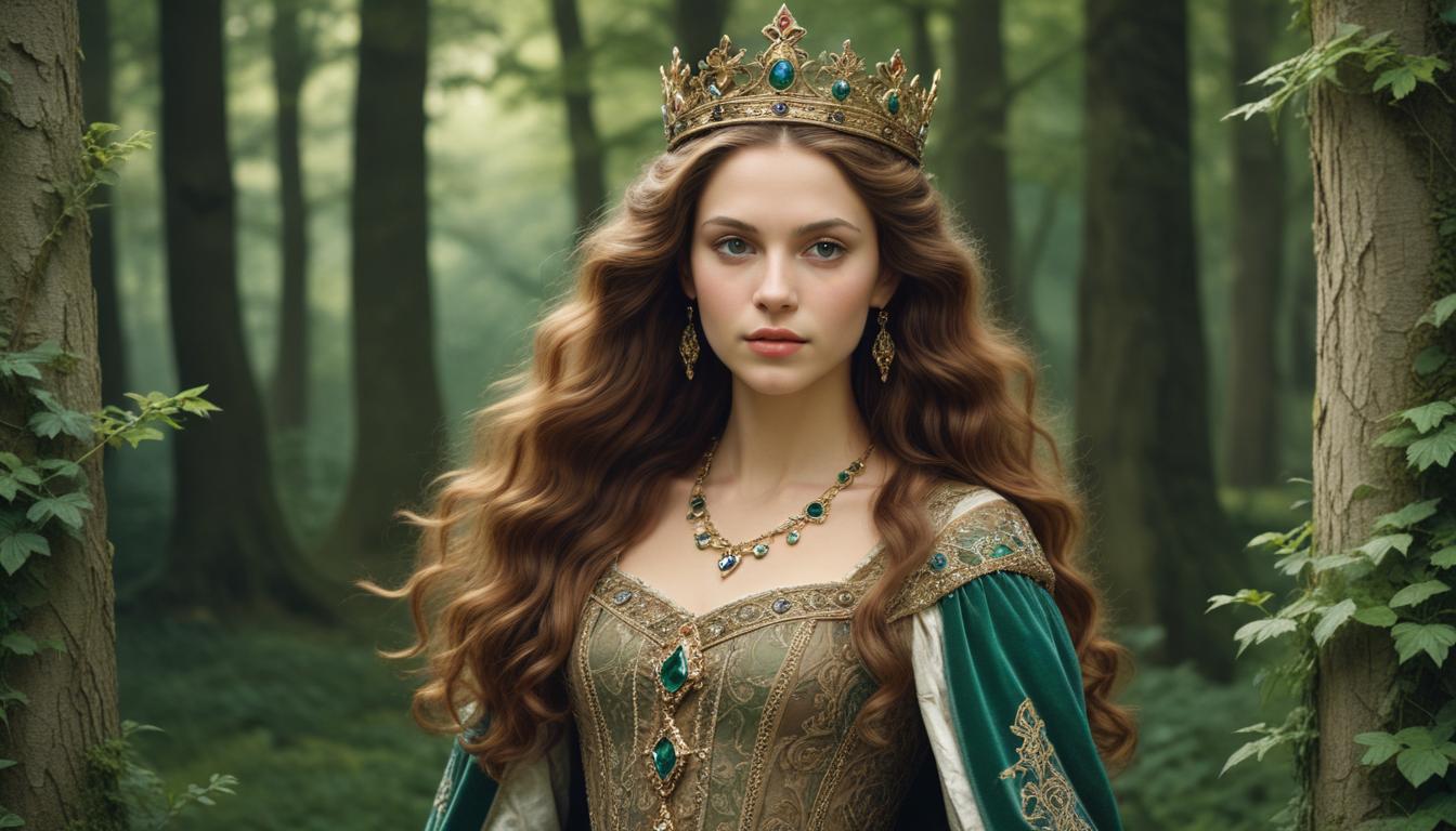 Enchanted forest queen with crown and regal attire Enchanted forest queen with crown and regal attire