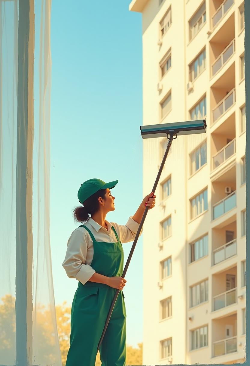 Cleaning windows on a sunny day at an apartment building Cleaning windows on a sunny day at an apartment building