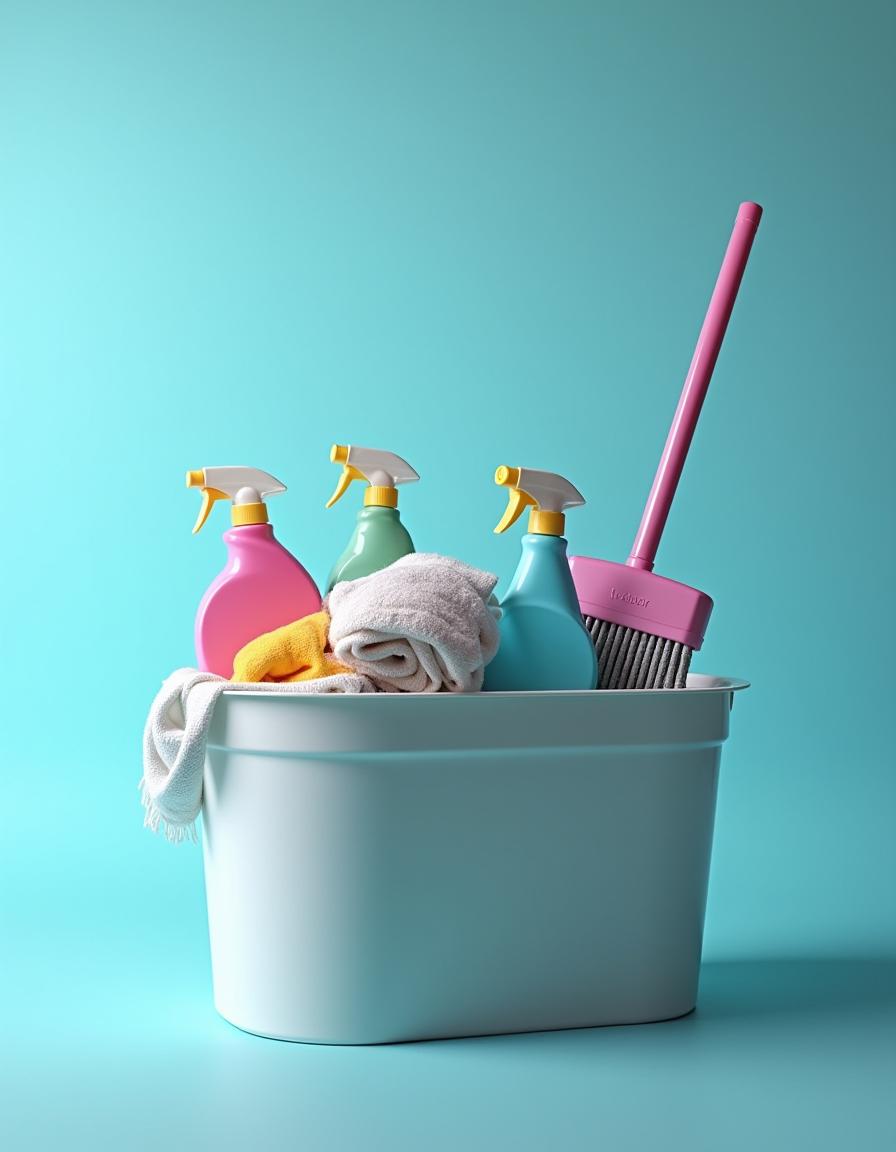 Cleaning supplies arranged in a bright blue container Cleaning supplies arranged in a bright blue container