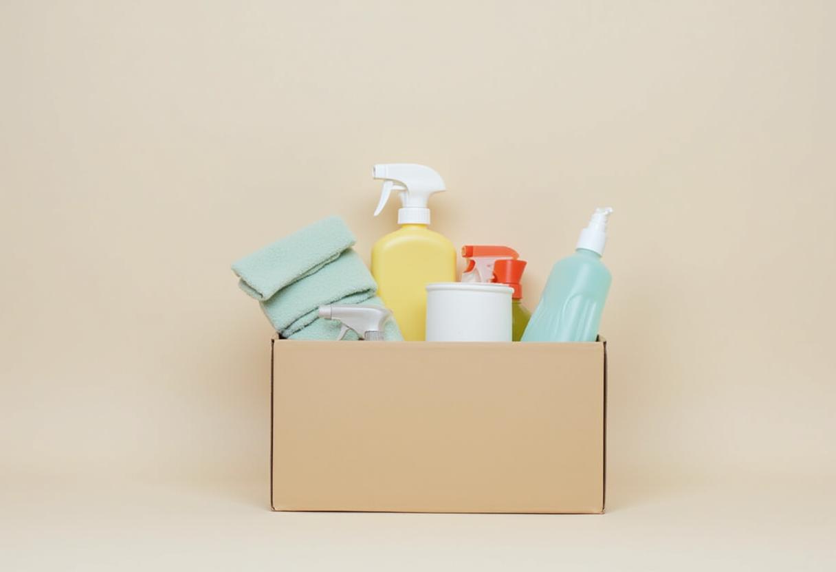 Cleaning supplies organized in a box for easy access Cleaning supplies organized in a box for easy access