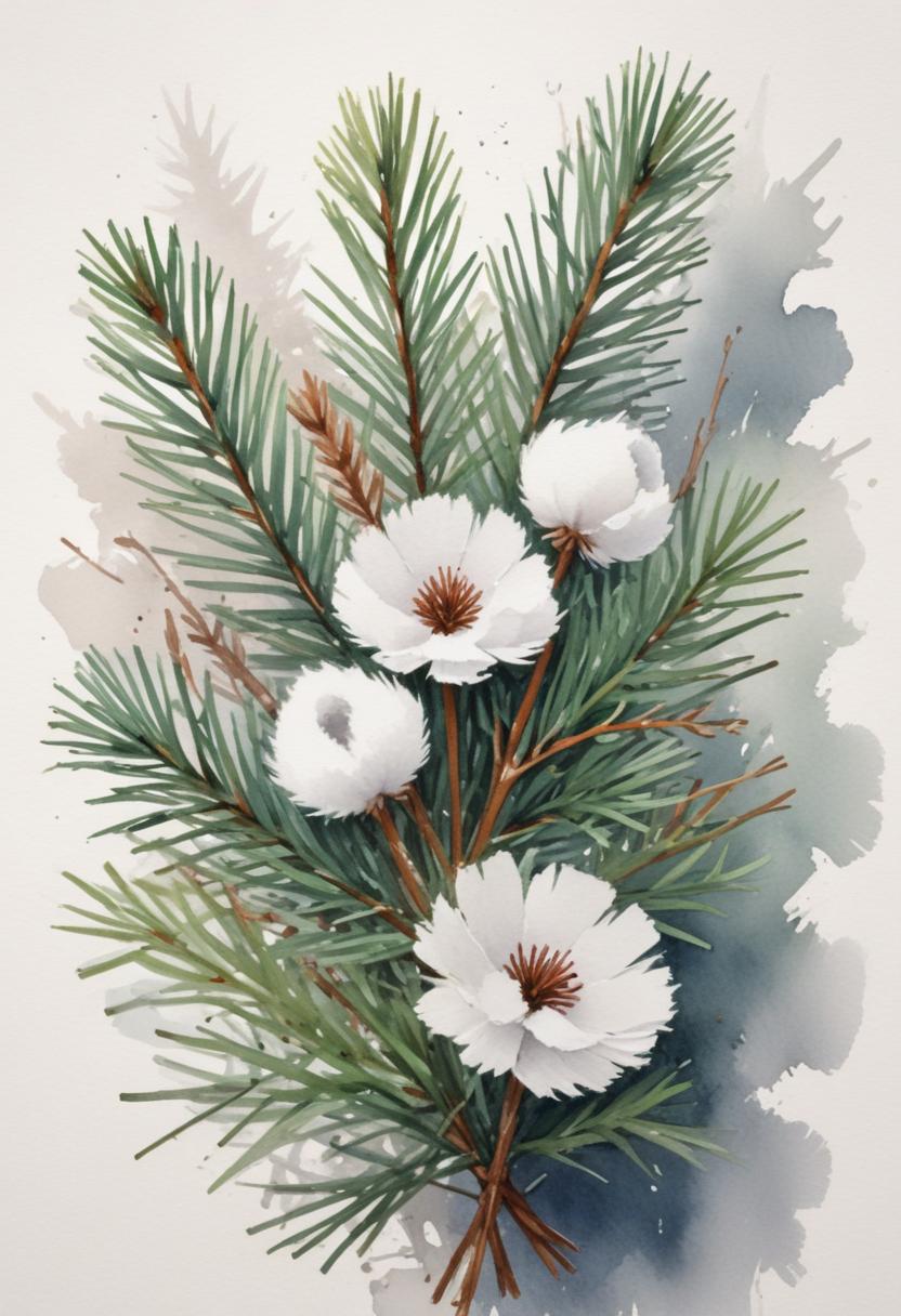 Beautiful botanical illustration of pine and white flowers Beautiful botanical illustration of pine and white flowers