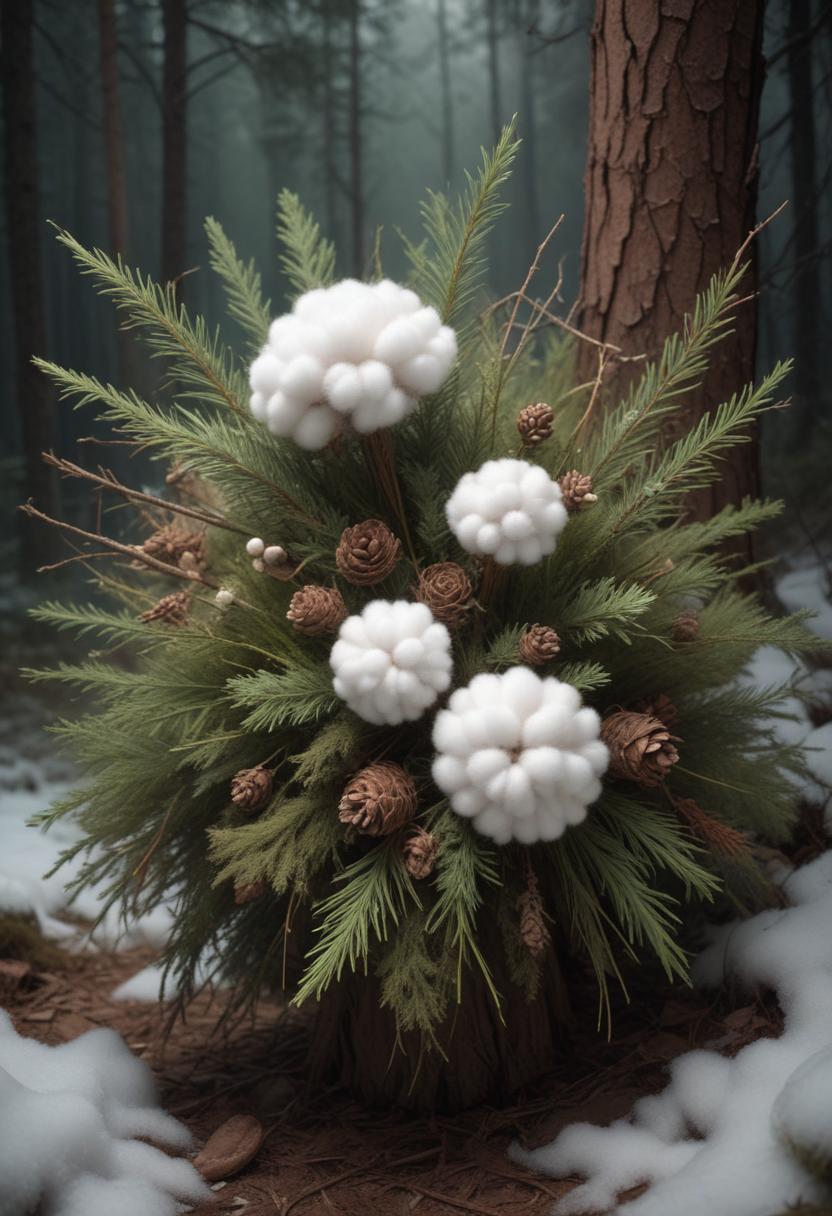 Unique botanical arrangement in a misty forest setting Unique botanical arrangement in a misty forest setting