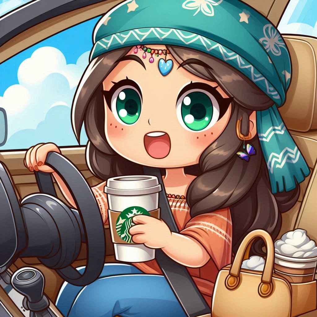Happy girl driving with coffee and cheerful expression Happy girl driving with coffee and cheerful expression