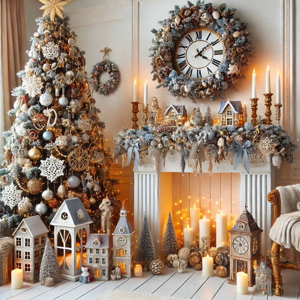 Christmas-decorated living room with tree and fireplace Christmas-decorated living room with tree and fireplace