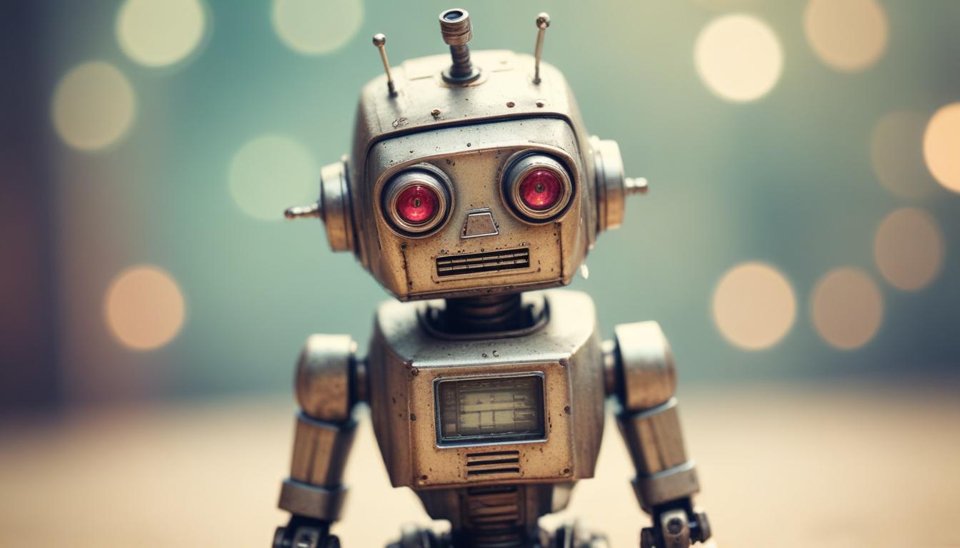 Robot toy with red eyes and metallic design in soft light Robot toy with red eyes and metallic design in soft light